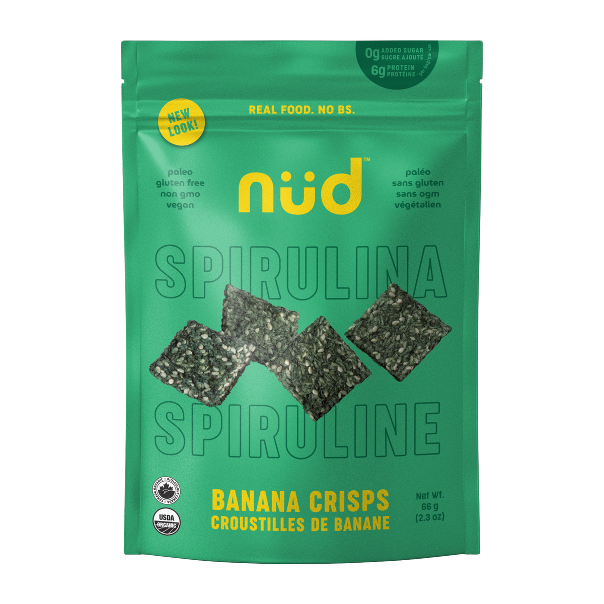 Nud Fud Organic Banana Crisps, Cacao or Spirulina, Sweet Raw Banana Snack, Vegan, Case of 6 x 66g - Spirulina