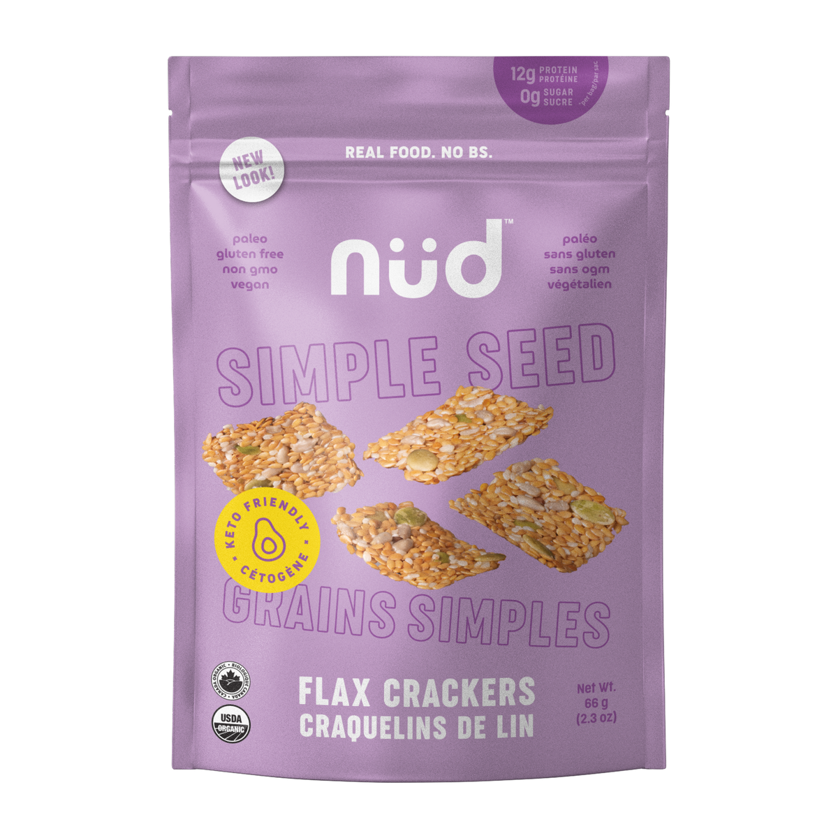 Nud Fud Organic Raw Crackers, Sweet Potato (Original, Cheezy, BBQ) or Flax (Carrot, Simple Seed, Everything), Vegan, Case of 6 x 66g - Simple Seed Flax