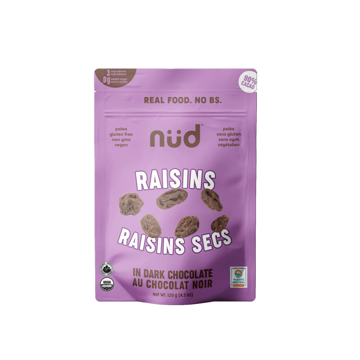Nud Fud Organic Chocolate Covered Bananas, Dates or Raisins, Just Fruit and Cacao, Case of 6 - Raisins, 6 x 120g