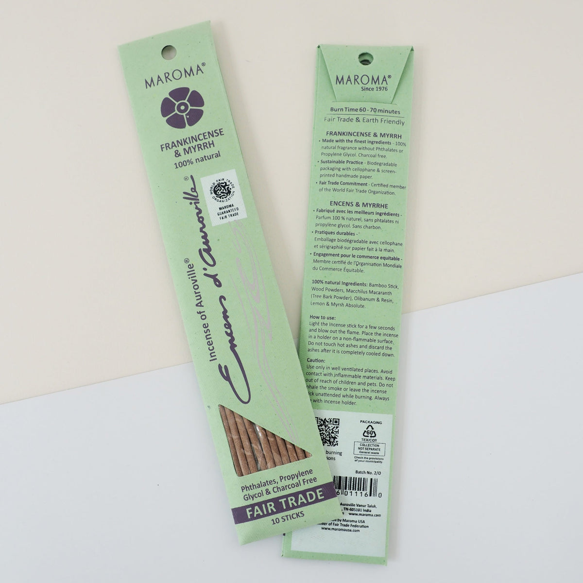 Maroma Premium Stick Incense, Encens d'Auroville, 28 Scents, 10 Sticks - Frank & Myrrh