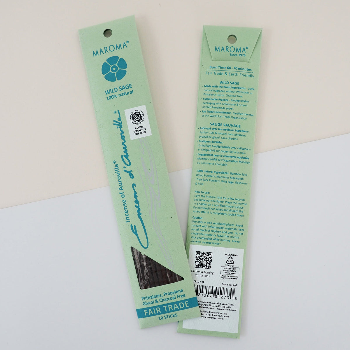 Maroma Premium Stick Incense, Encens d'Auroville, 28 Scents, 10 Sticks - Wild Sage