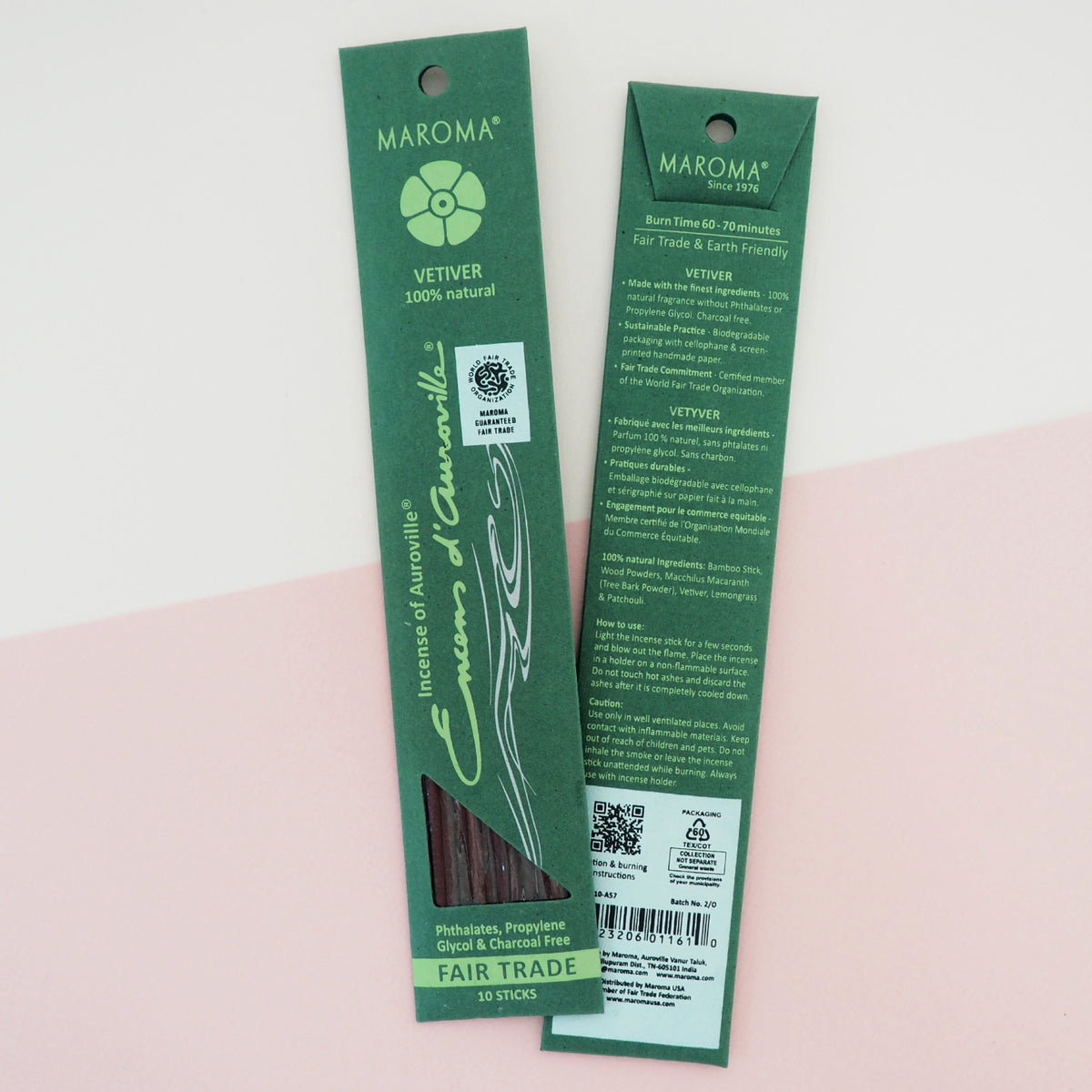 Maroma Premium Stick Incense, Encens d'Auroville, 28 Scents, 10 Sticks - Vetiver