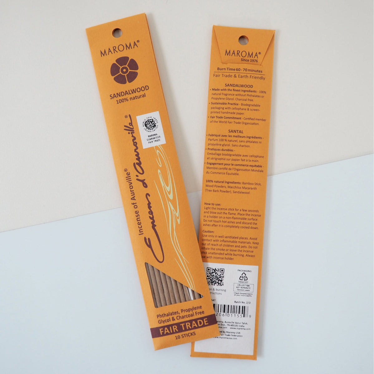 Maroma Premium Stick Incense, Encens d'Auroville, 28 Scents, 10 Sticks - Sandalwood