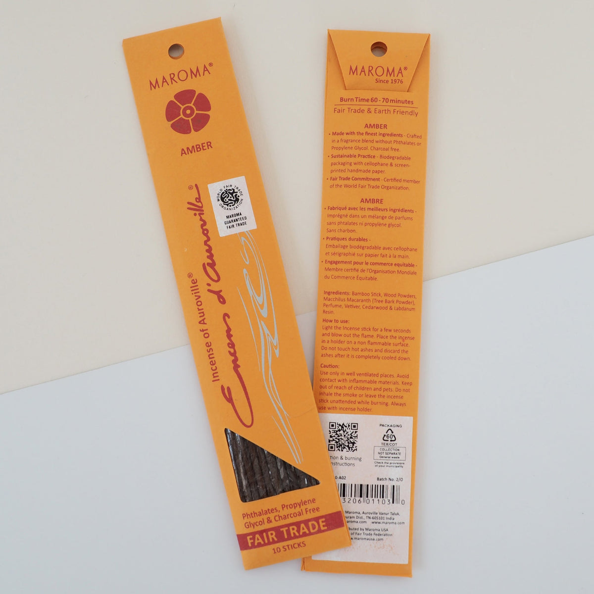 Maroma Premium Stick Incense, Encens d'Auroville, 28 Scents, 10 Sticks - Amber