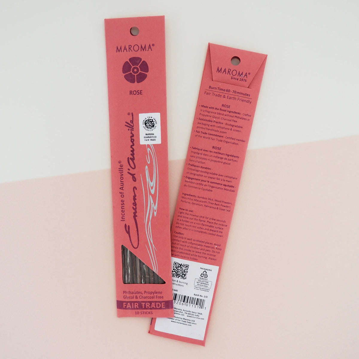 Maroma Premium Stick Incense, Encens d'Auroville, 28 Scents, 10 Sticks - Rose