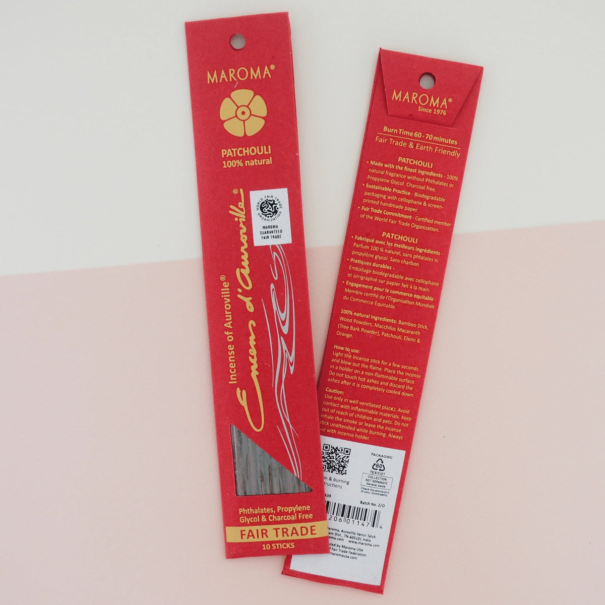 Maroma Premium Stick Incense, Encens d'Auroville, 28 Scents, 10 Sticks - Patchouli