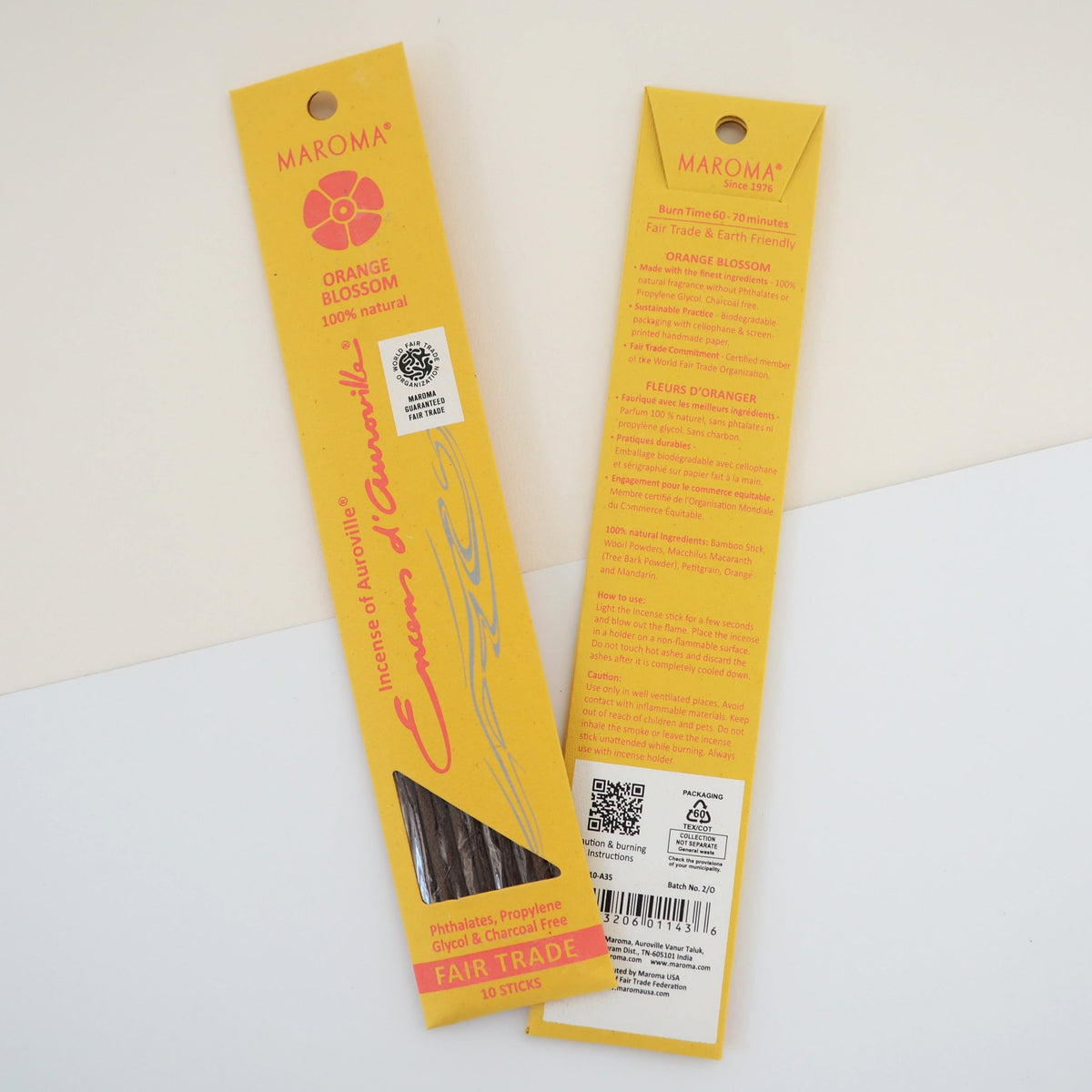 Maroma Premium Stick Incense, Encens d'Auroville, 28 Scents, 10 Sticks - Orange Blossom