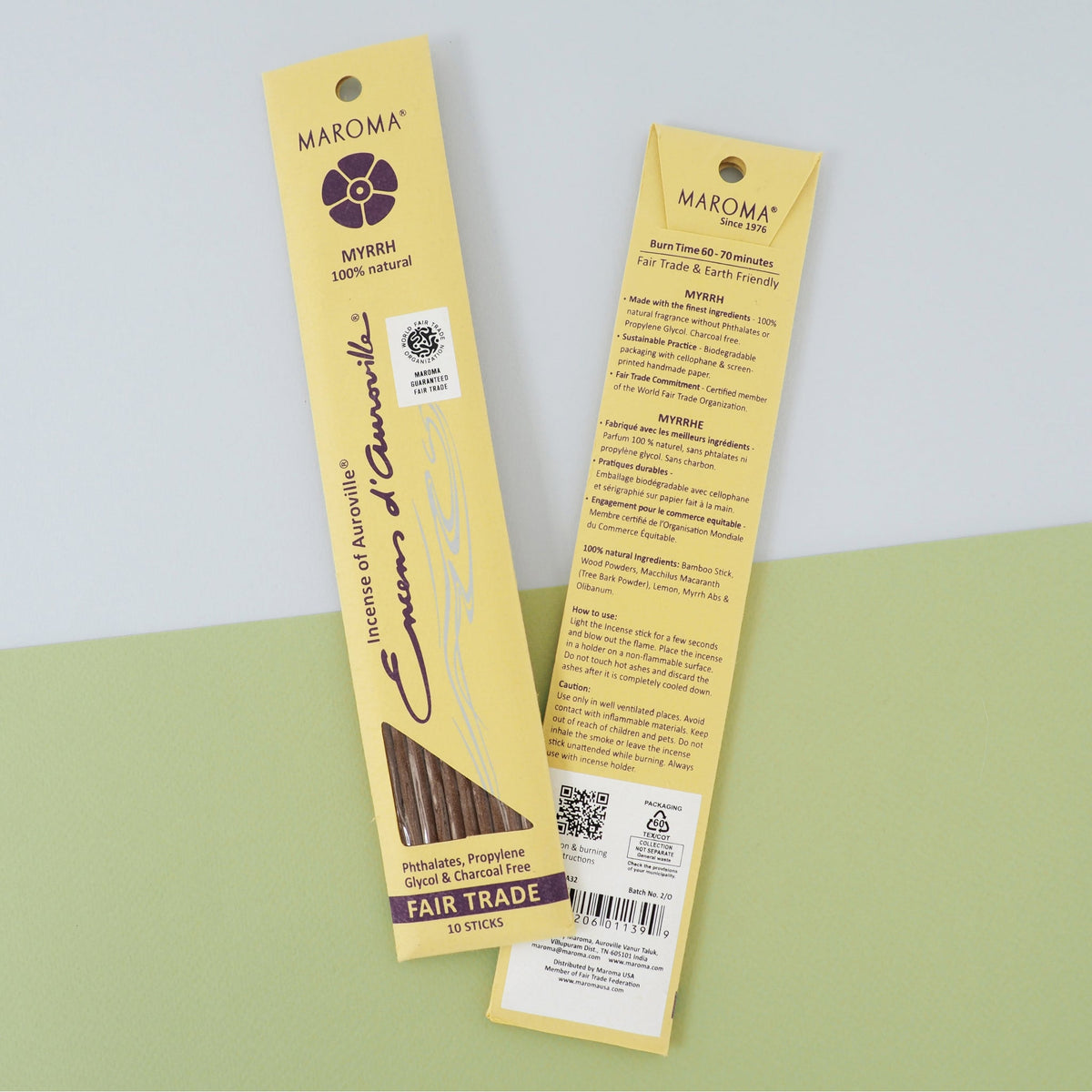 Maroma Premium Stick Incense, Encens d'Auroville, 28 Scents, 10 Sticks - Myrrh