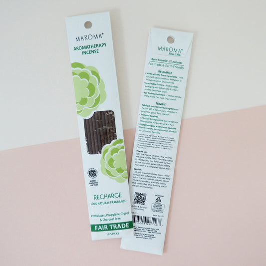Maroma Aromatherapy Incense, Essential Oil Blends, Recharge, Uplifting, Stress Away or Clear Mind, 10 Sticks - Recharge