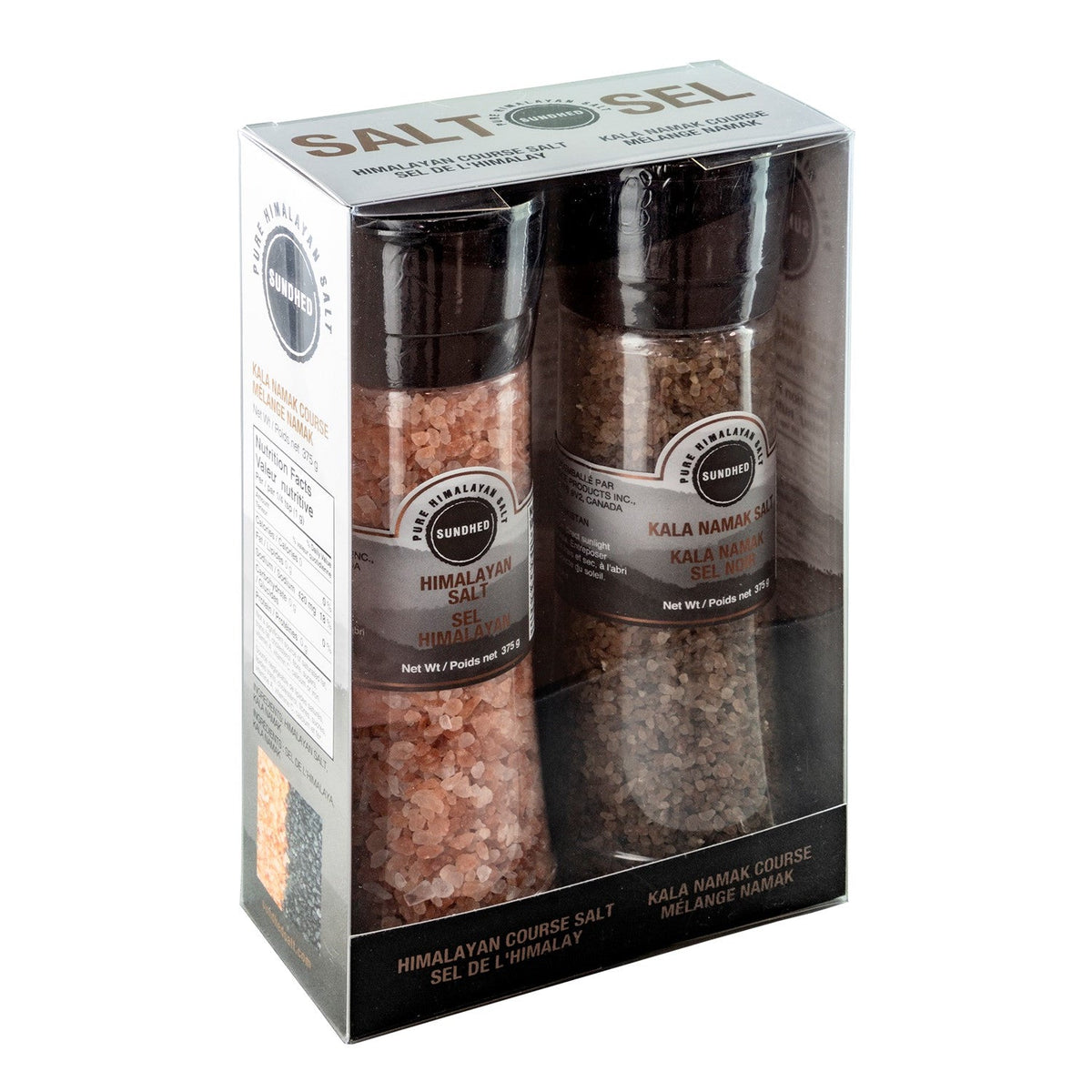 Sundhed Himalayan Salt Grinders Gift Pack, Pink Salt and Kala Namak Black Salt, 2 x 390g