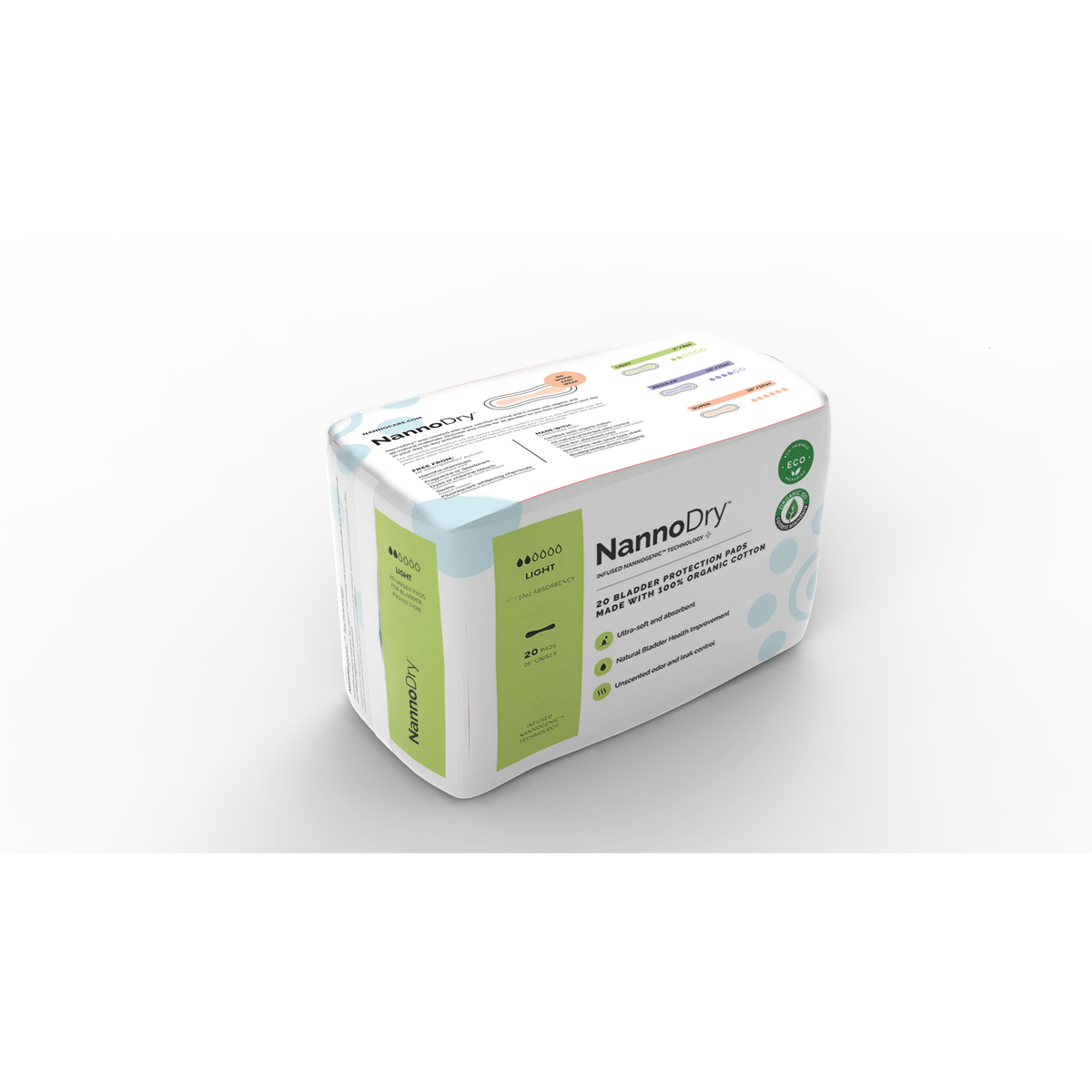 NannoDry Organic Cotton Incontinence Pads for Bladder Leaks, Light, Regular or Super, 20 Pads - Light