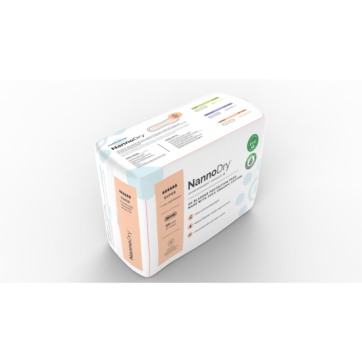 NannoDry Organic Cotton Incontinence Pads for Bladder Leaks, Light, Regular or Super, 20 Pads - Super