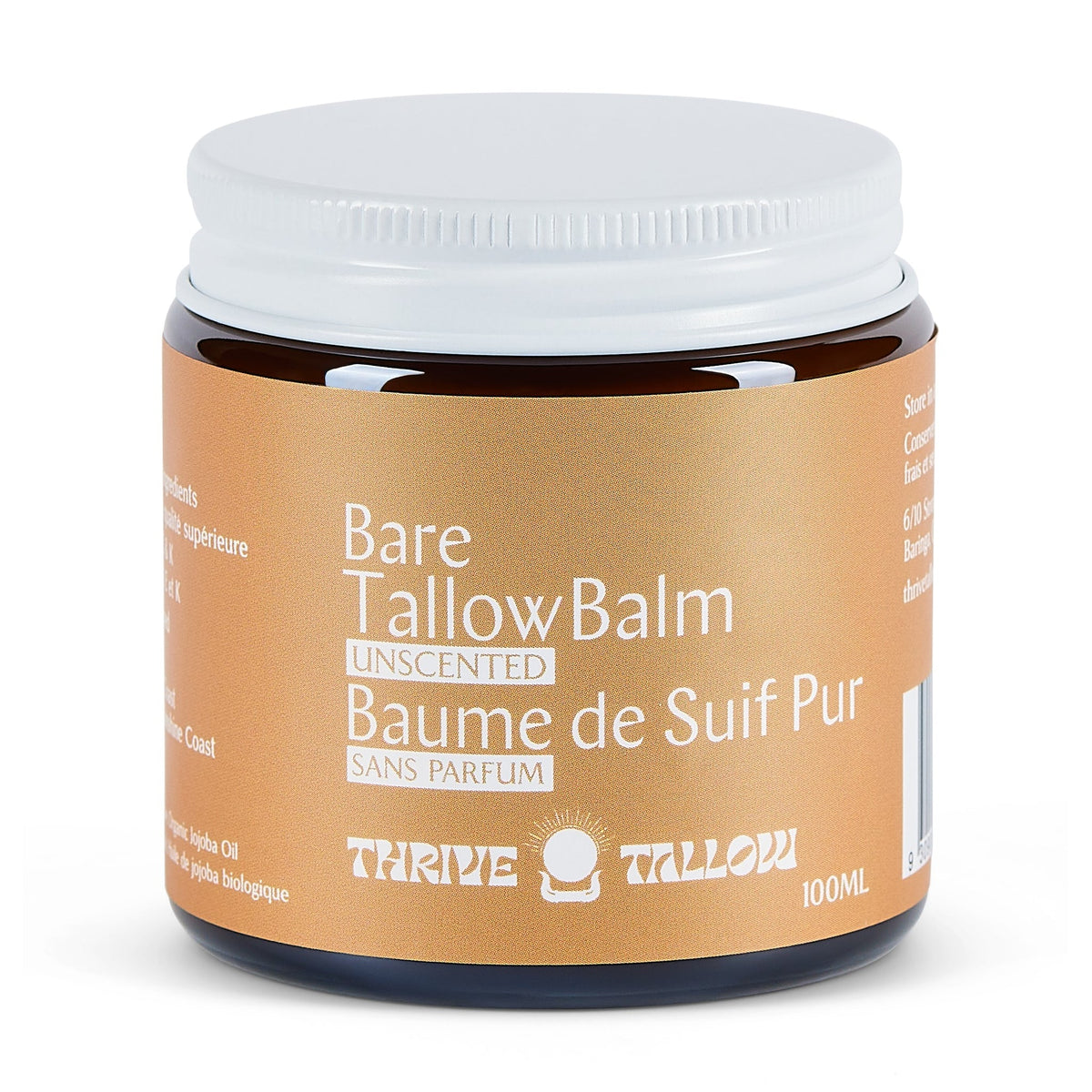 Thrive Tallow Tallow Balm with Grass-Fed Australian Tallow and Organic Jojoba, Bare (Unscented) or Calm (Chamomile and Manuka Honey), 100ml - Bare (Unscented)