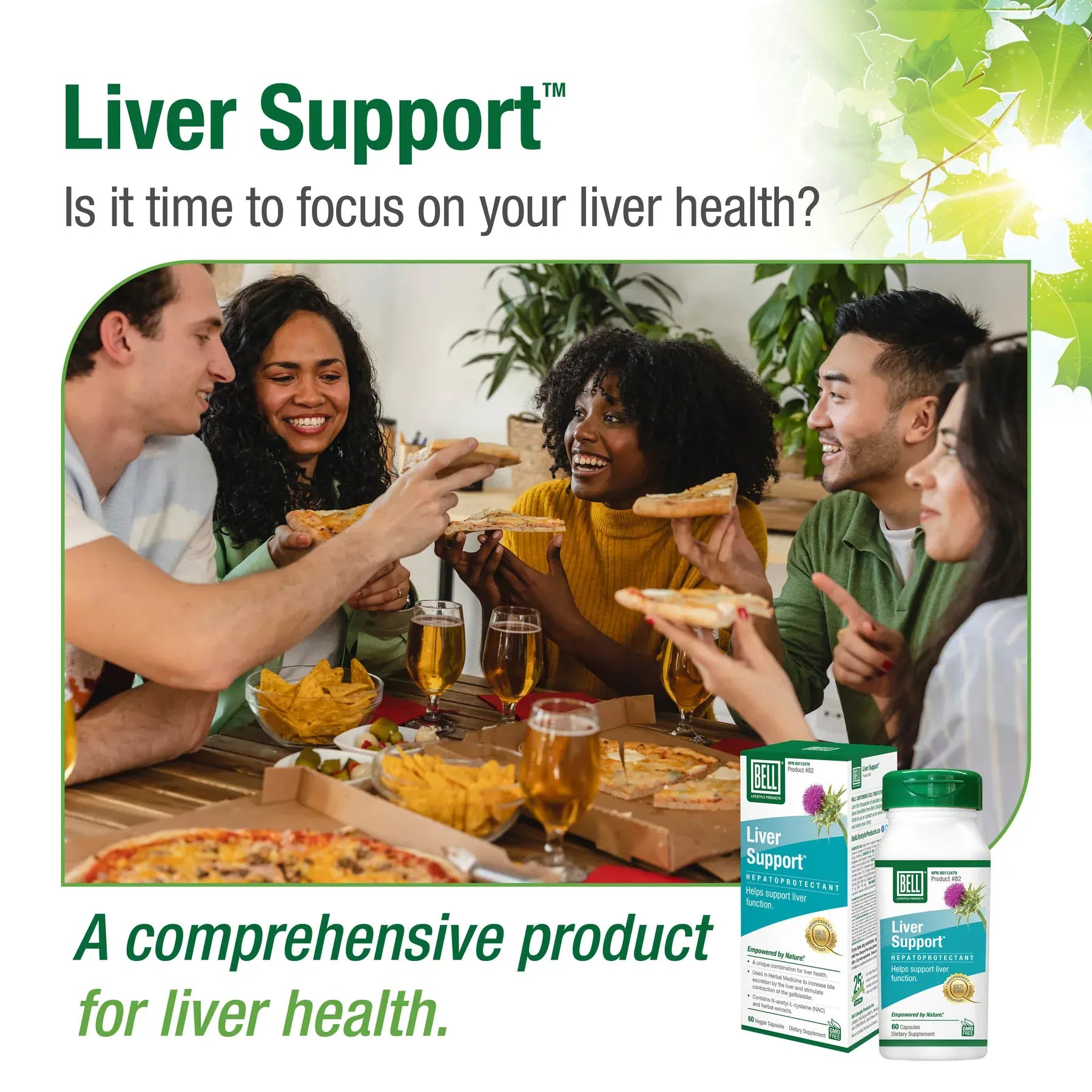 60 Vegetable Capsules | Bell Liver Support Lifestyle Image and Benefit