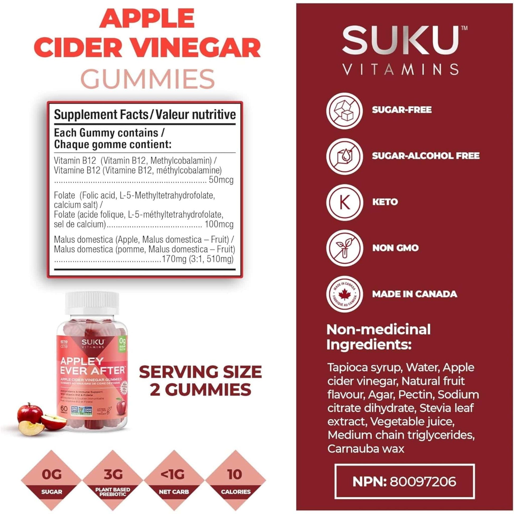 Natural Apple Flavour, 60 Gummies | Suku Vitamins Appley Ever After (Apple Cider Vinegar Gummies with Mother)