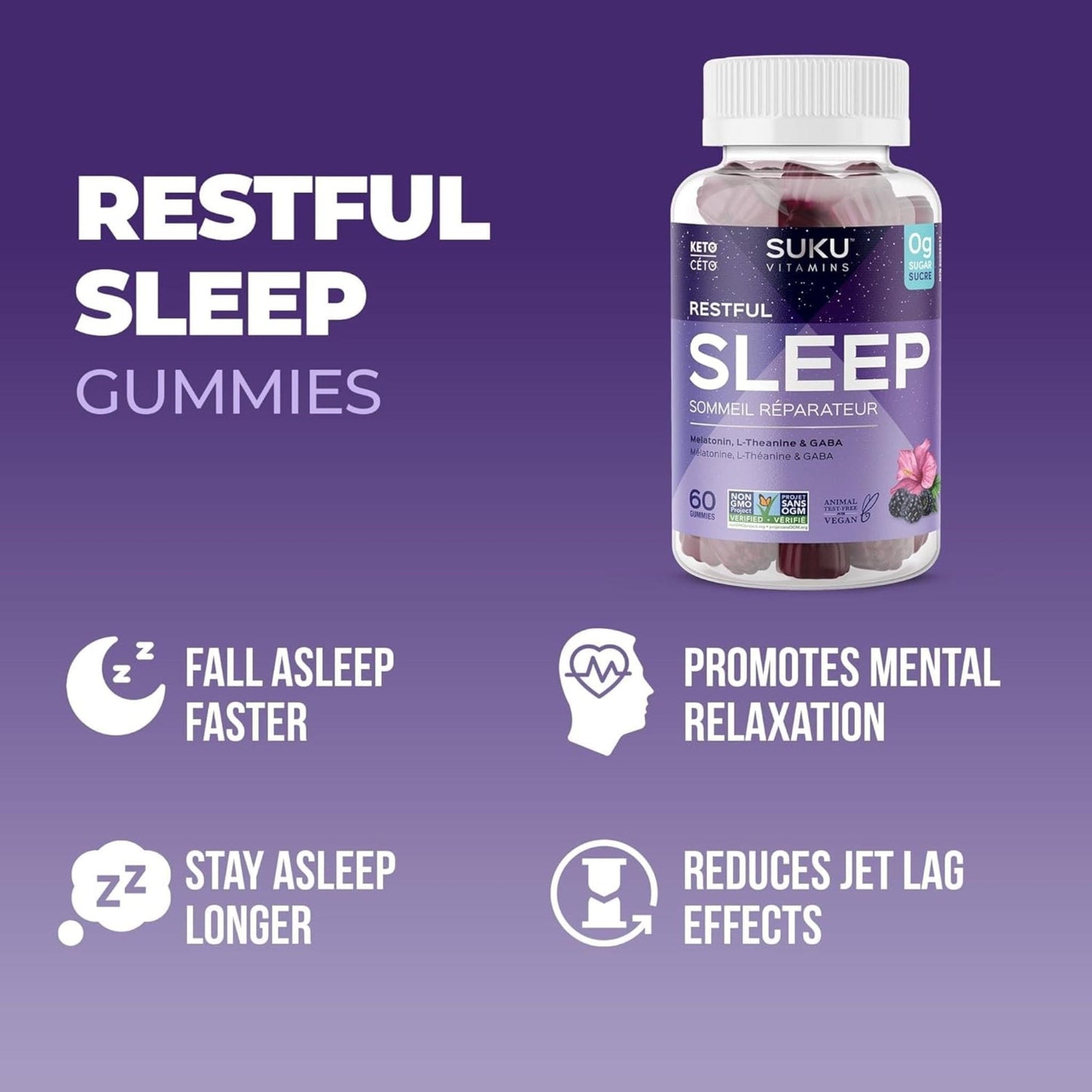 Blackberry and Hibiscus Flavour, 60 Gummies | Suku Vitamins Restful Sleep (Melatonin, L-Theanine & GABA)