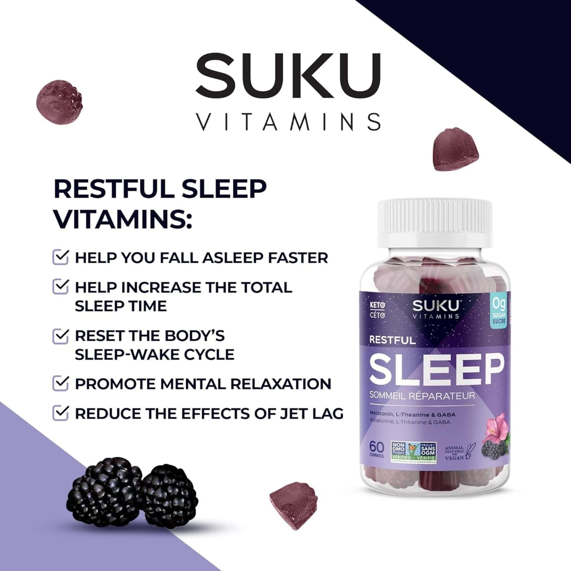 Blackberry and Hibiscus Flavour, 60 Gummies | Suku Vitamins Restful Sleep (Melatonin, L-Theanine & GABA)