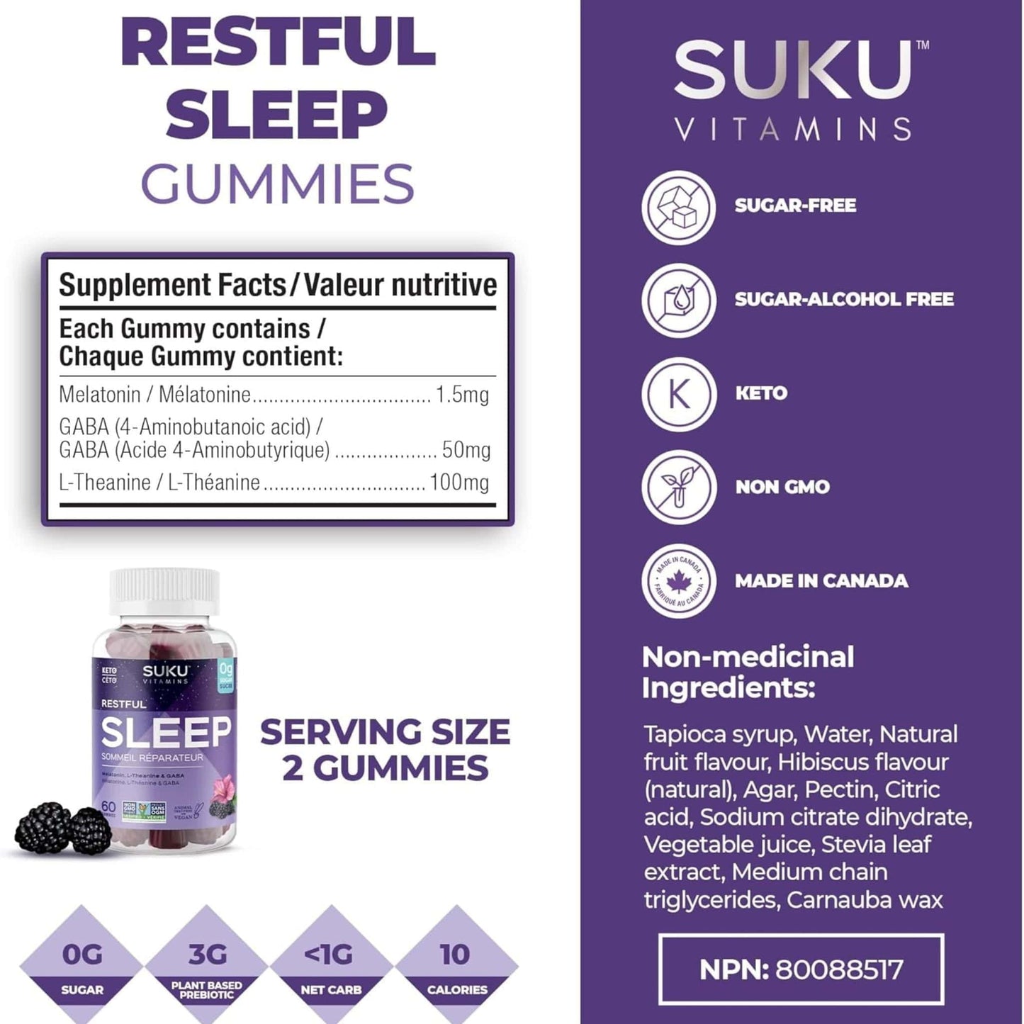 Blackberry and Hibiscus Flavour, 60 Gummies | Suku Vitamins Restful Sleep (Melatonin, L-Theanine & GABA)