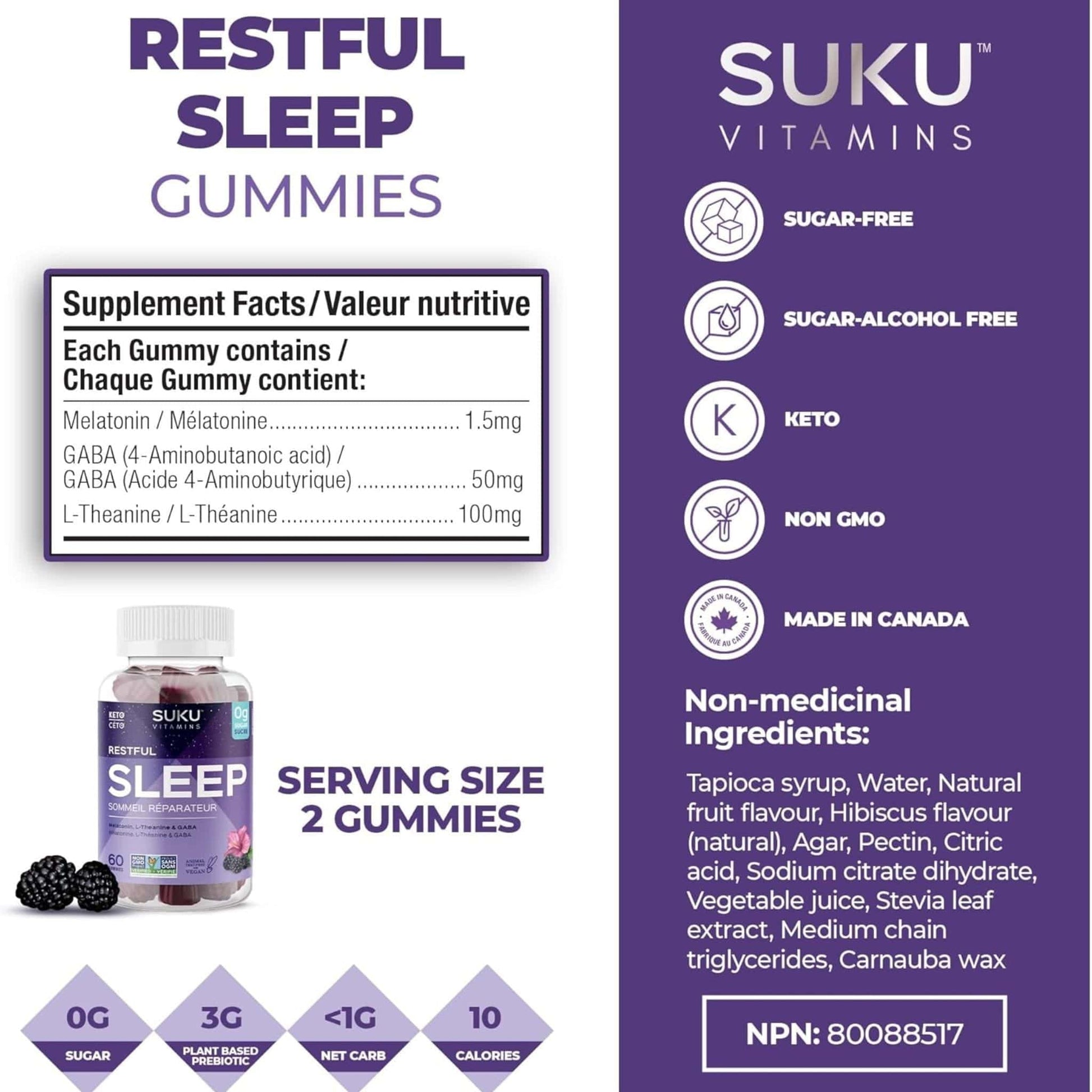 Blackberry and Hibiscus Flavour, 60 Gummies | Suku Vitamins Restful Sleep (Melatonin, L-Theanine & GABA)
