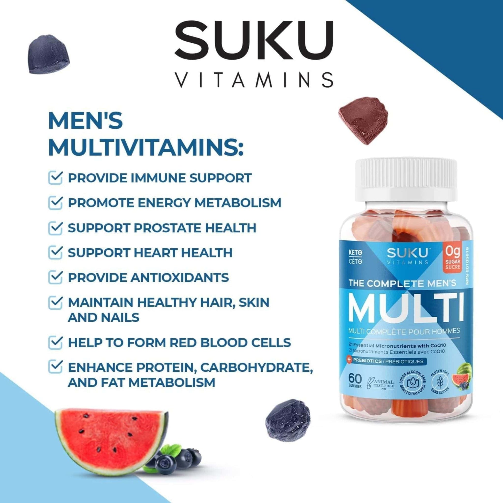 Blueberry and Watermelon Flavour, 60 Gummies | SUKU Vitamins The Complete Men's Multivitamin