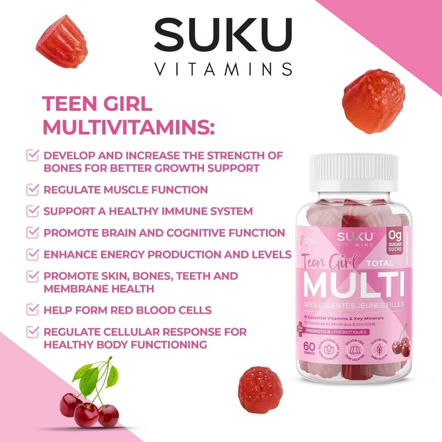Cherry Flavour, 60 Gummies | Suku Vitamins Teen Girl Total Multivitamin
