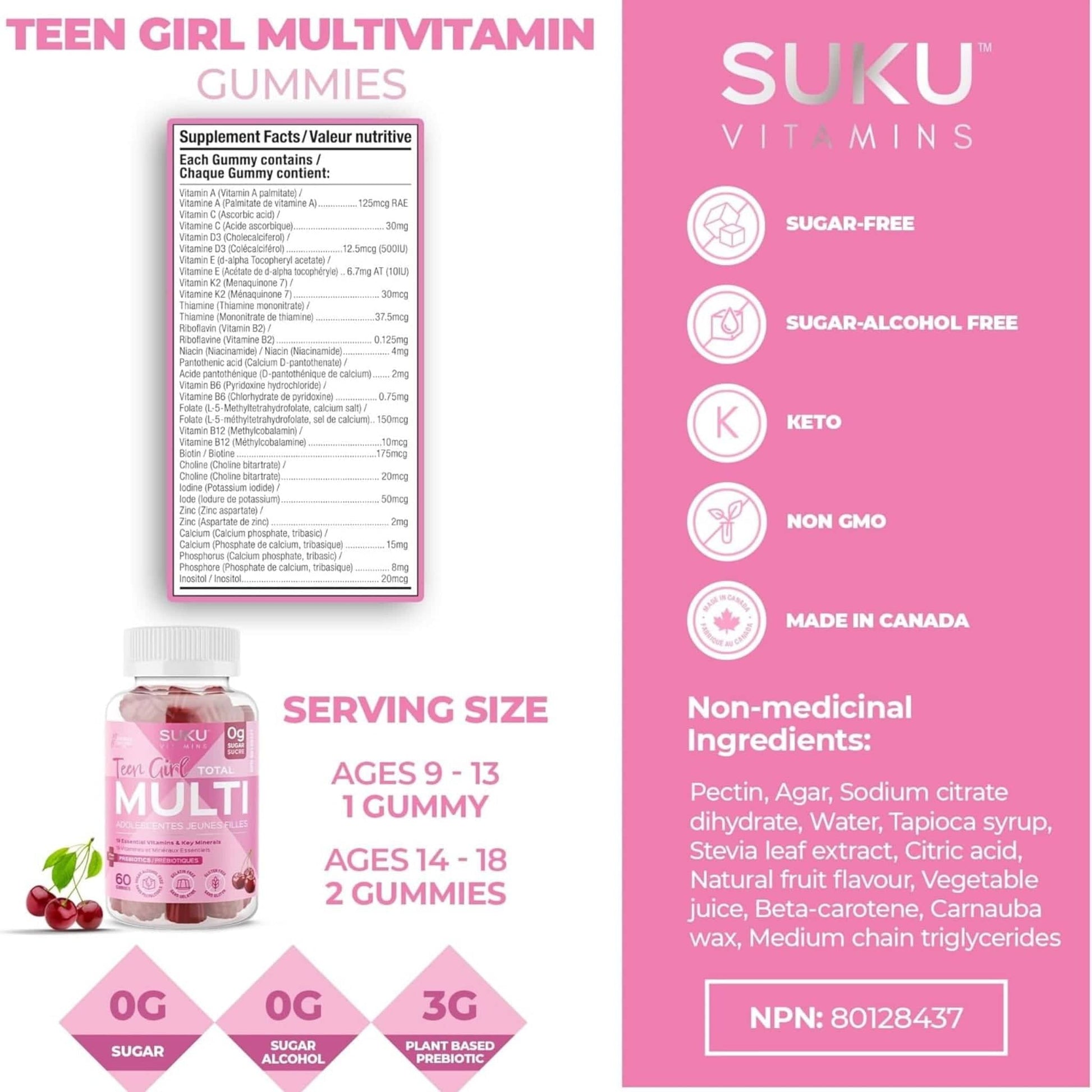 Cherry Flavour, 60 Gummies | Suku Vitamins Teen Girl Total Multivitamin