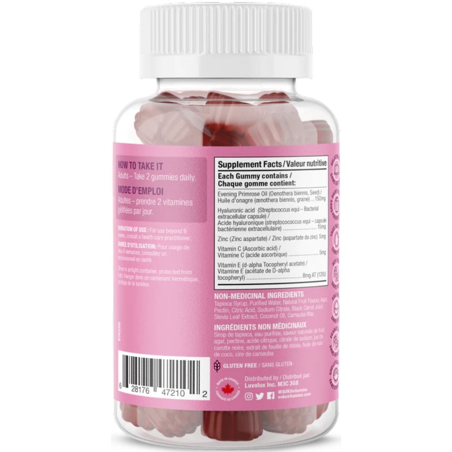 Raspberry Flavour, 60 Gummies | Suku Vitamins Radiant Complexion (with Hyaluronic Acid & Evening Primrose Oil)