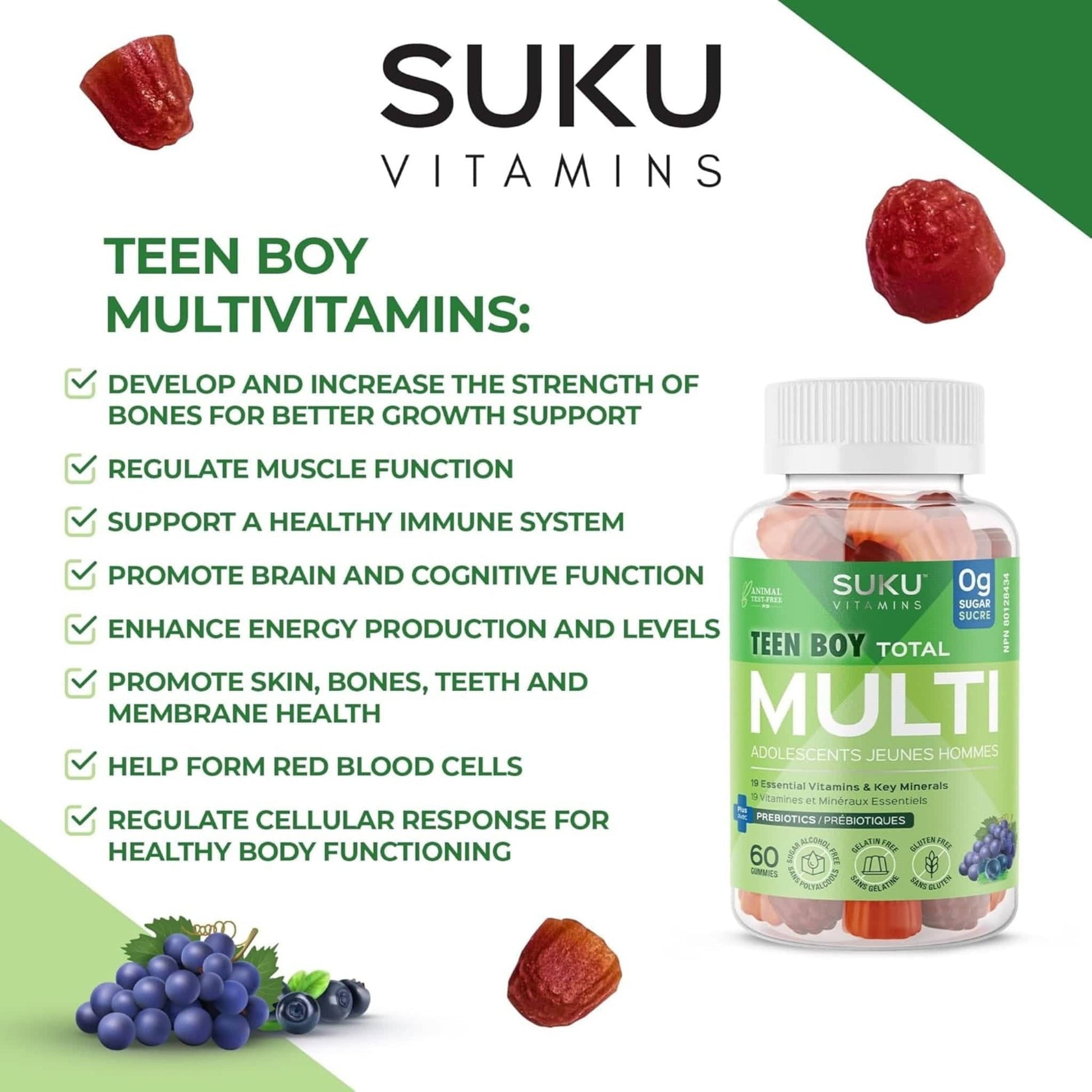 Blueberry and Grape Flavour, 60 Gummies | Suku Vitamins Teen Boy Total Multivitamin