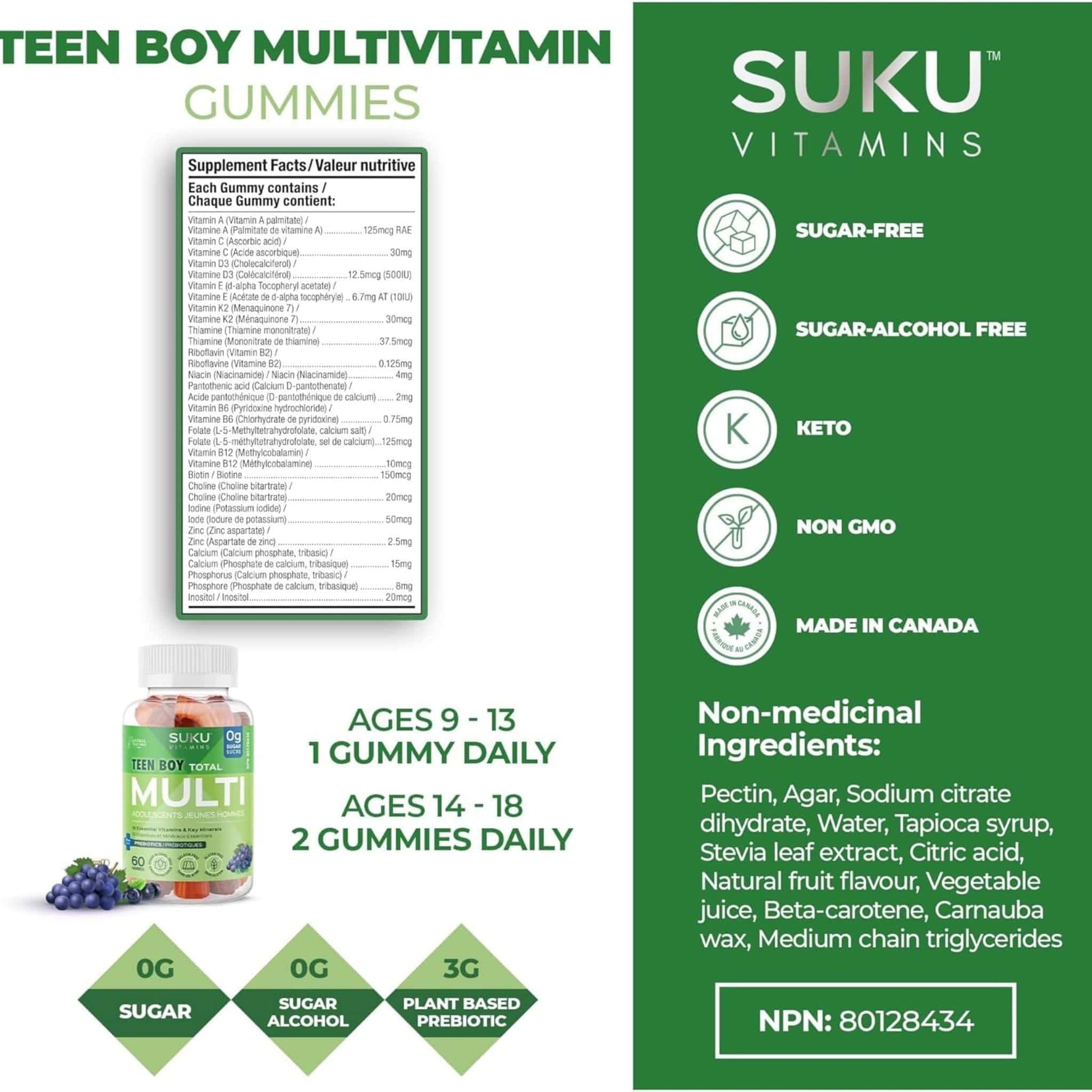 Blueberry and Grape Flavour, 60 Gummies | Suku Vitamins Teen Boy Total Multivitamin
