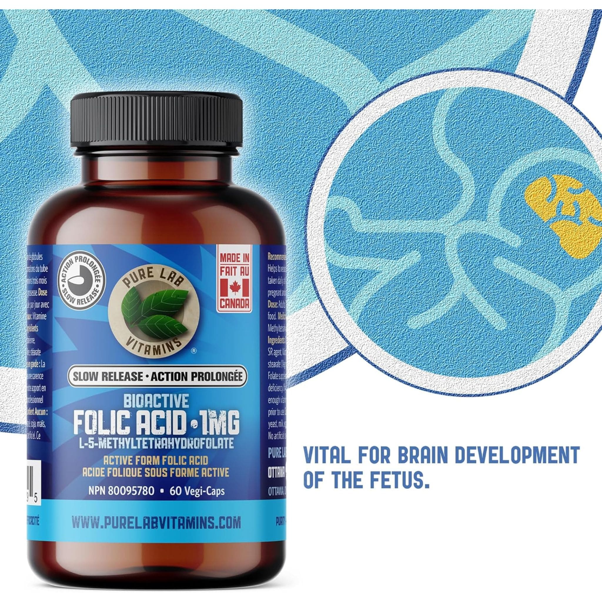 Pure Lab Vitamins Bioactive Folic Acid 1mg Slow Release, 60 Capsules