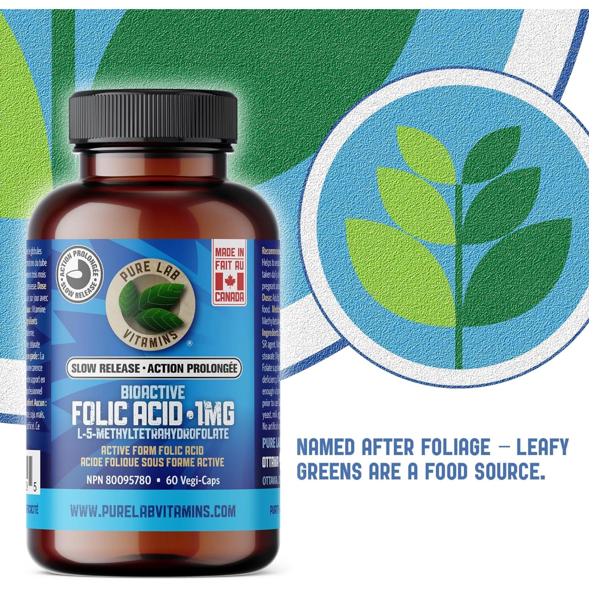 Pure Lab Vitamins Bioactive Folic Acid 1mg Slow Release, 60 Capsules