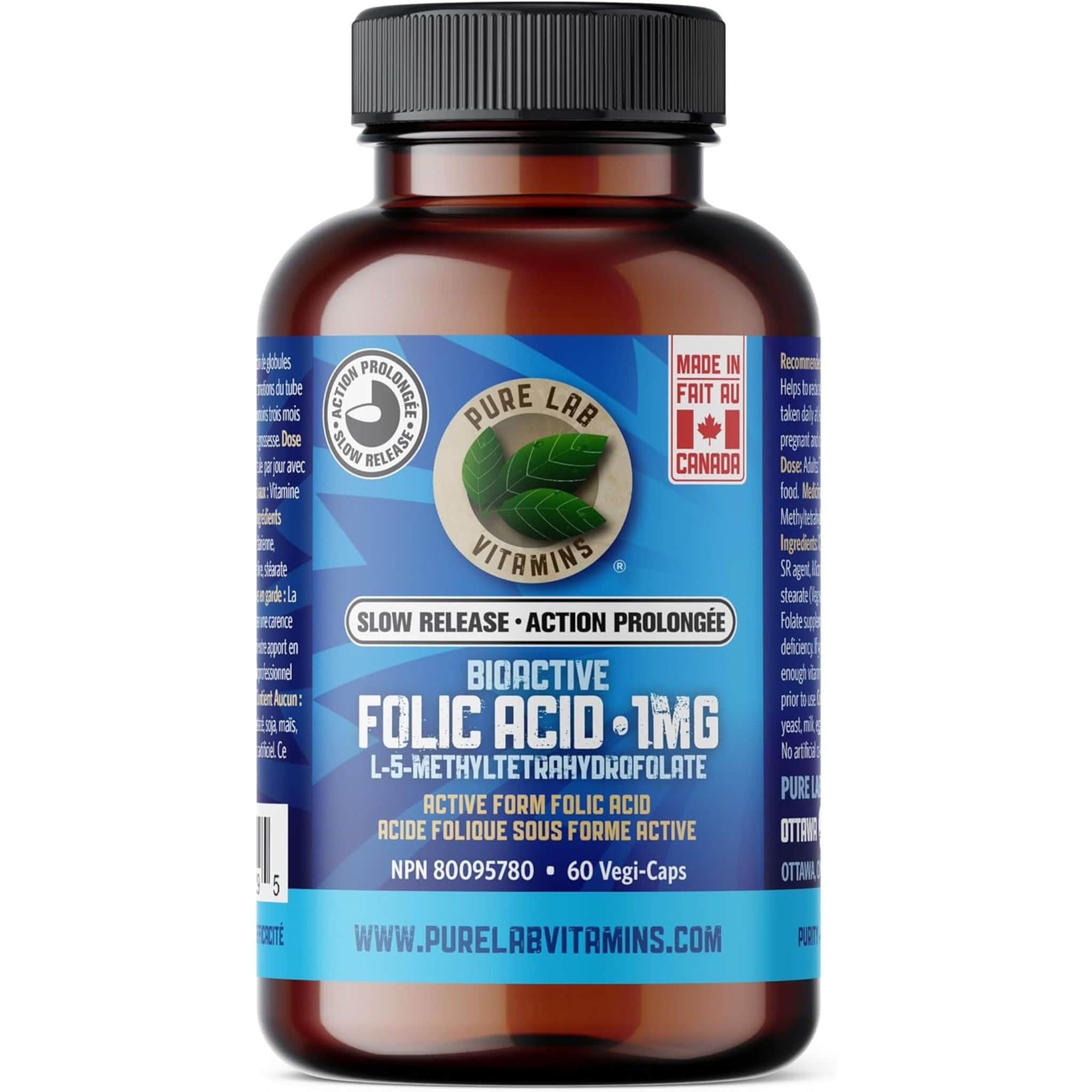 Pure Lab Vitamins Bioactive Folic Acid 1mg Slow Release, 60 Capsules