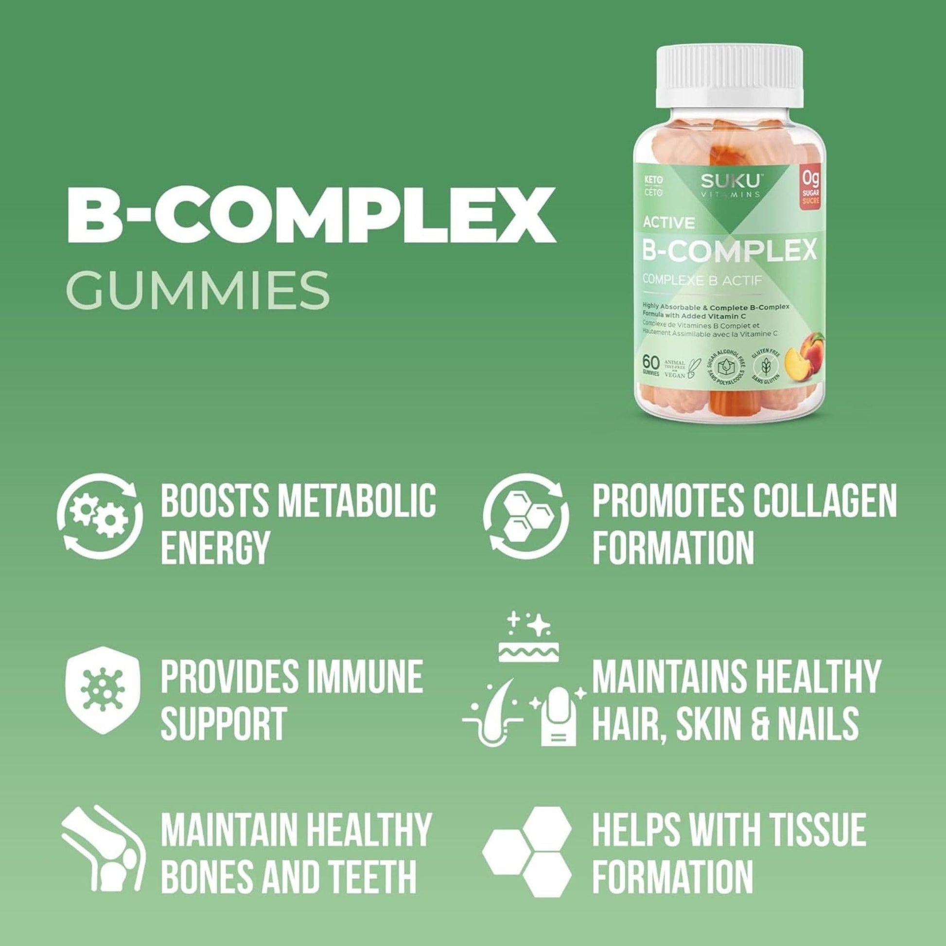 Peach Flavour, 60 Gummies | Suku Vitamins Active B-Complex Gummies