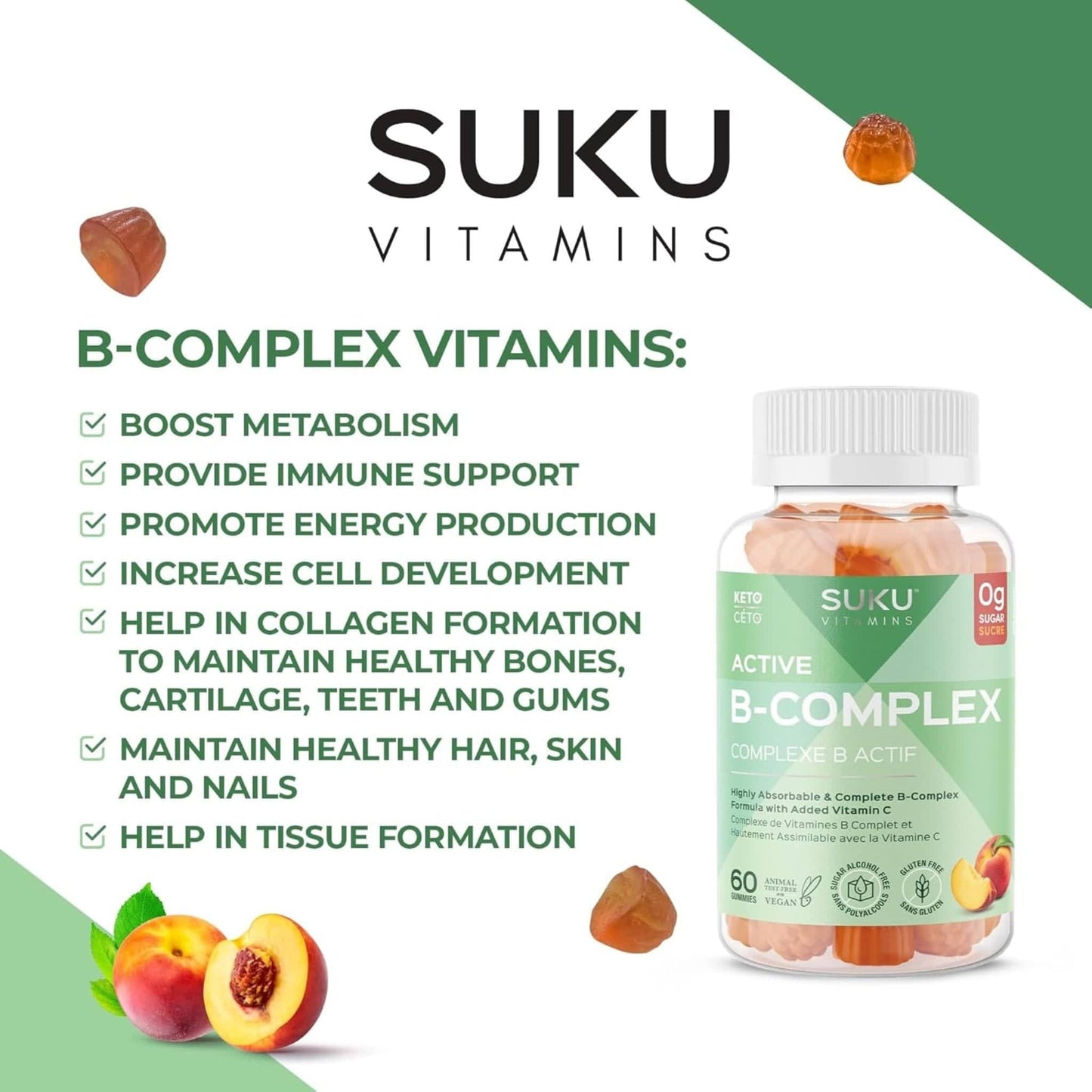 Peach Flavour, 60 Gummies | Suku Vitamins Active B-Complex Gummies