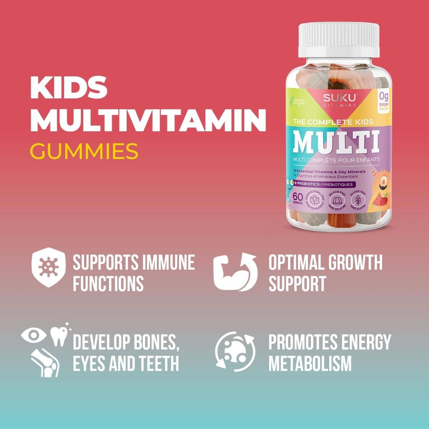 Apple and Watermelon Flavour, 60 Gummies | Suku Vitamins Complete Kids Gummy Multivitamin (with fiber)
