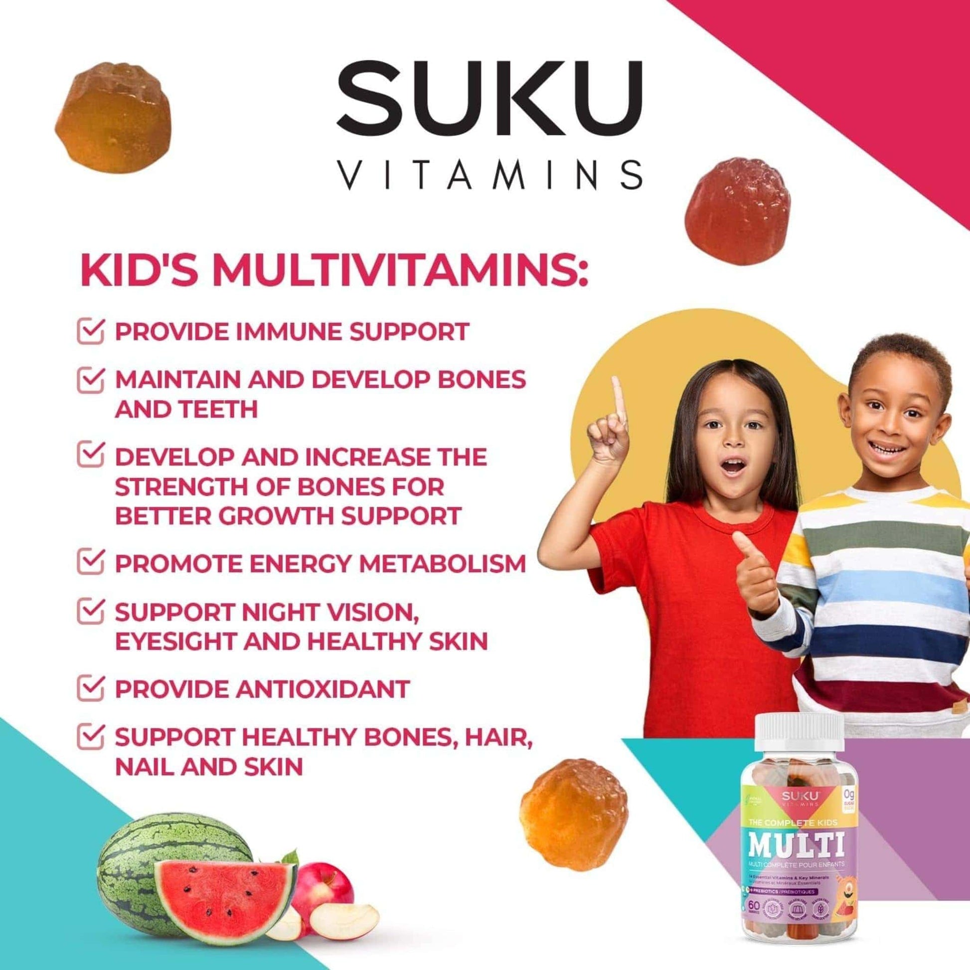 Apple and Watermelon Flavour, 60 Gummies | Suku Vitamins Complete Kids Gummy Multivitamin (with fiber)