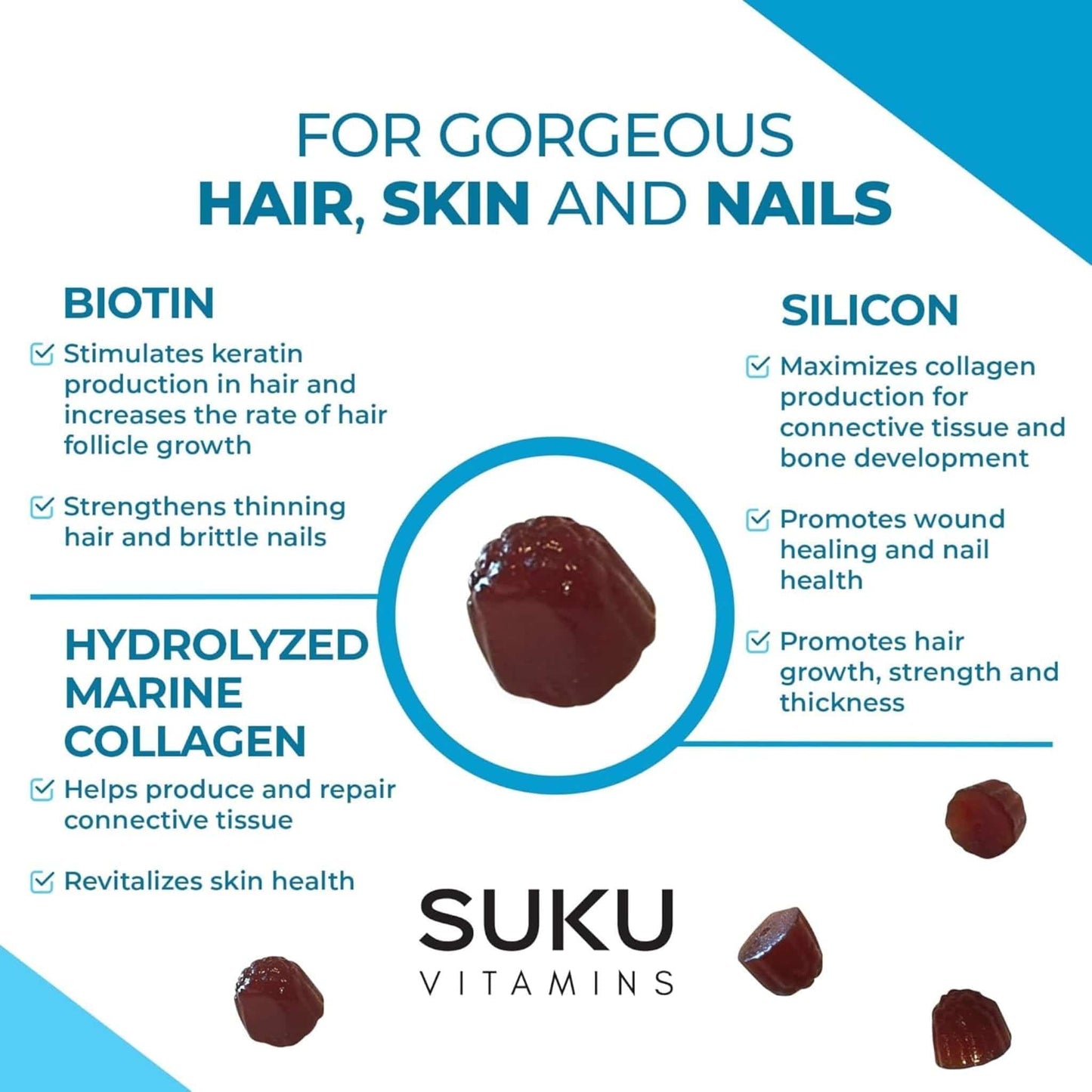 Blueberry Lemon Flavour, 60 Gummies | Suku Vitamins Luscious Hair (Silicon, Collagen & Biotin for Hair, Skin & Nails)