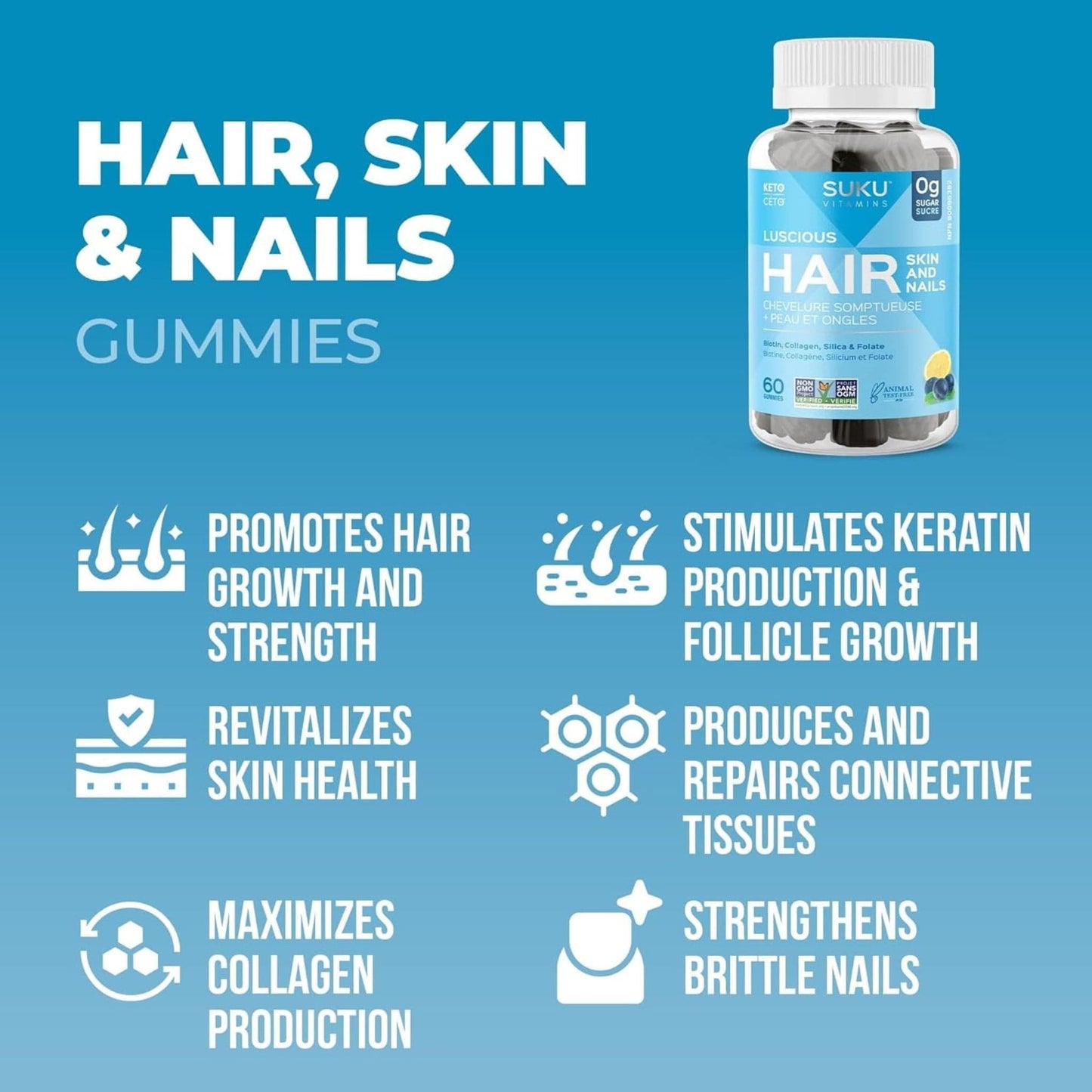 Blueberry Lemon Flavour, 60 Gummies | Suku Vitamins Luscious Hair (Silicon, Collagen & Biotin for Hair, Skin & Nails)
