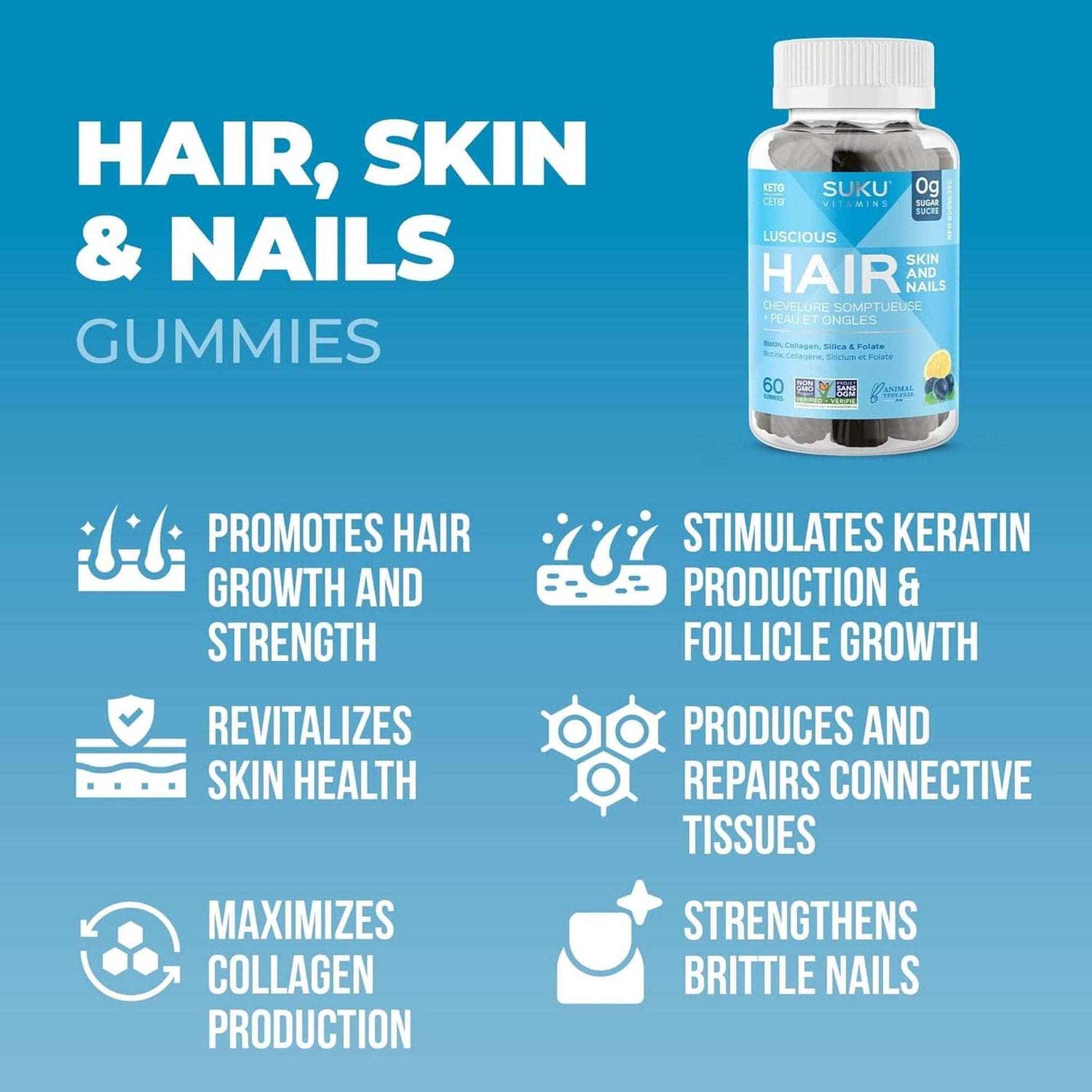 Blueberry Lemon Flavour, 60 Gummies | Suku Vitamins Luscious Hair (Silicon, Collagen & Biotin for Hair, Skin & Nails)