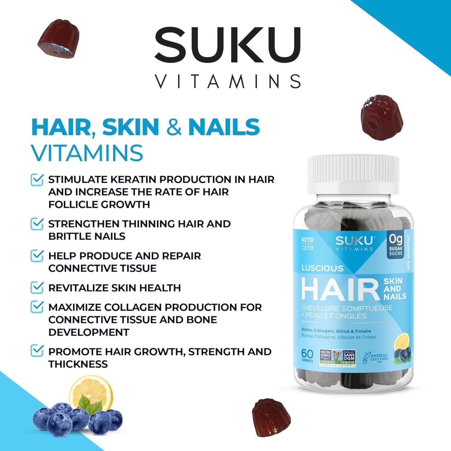 Blueberry Lemon Flavour, 60 Gummies | Suku Vitamins Luscious Hair (Silicon, Collagen & Biotin for Hair, Skin & Nails)