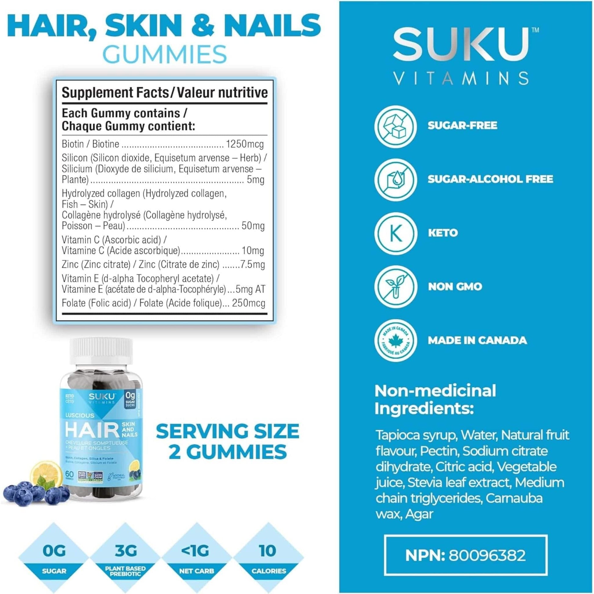 Blueberry Lemon Flavour, 60 Gummies | Suku Vitamins Luscious Hair (Silicon, Collagen & Biotin for Hair, Skin & Nails)
