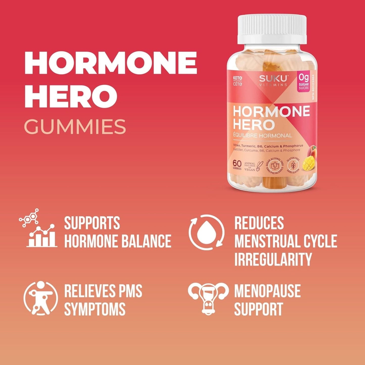 Peach Mango Flavour, 60 Gummies | SUKU Vitamins Hormone Hero Gummies