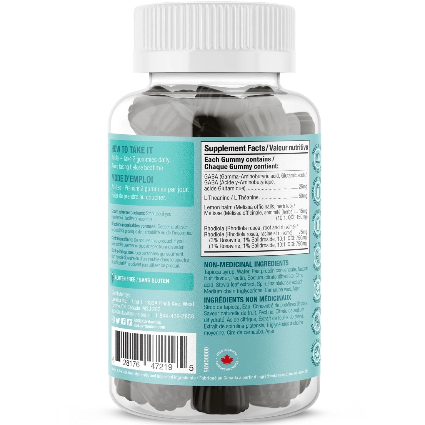 Passion Fruit and Blackberry Flavour, 60 Gummies | Suku Vitamins Buh Bye Stress Gummies (GABA, Rhodiola, L-Theanine & Lemon Balm)