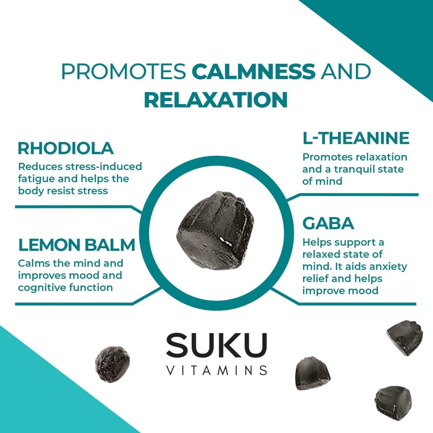 Passion Fruit and Blackberry Flavour, 60 Gummies | Suku Vitamins Buh Bye Stress Gummies (GABA, Rhodiola, L-Theanine & Lemon Balm)