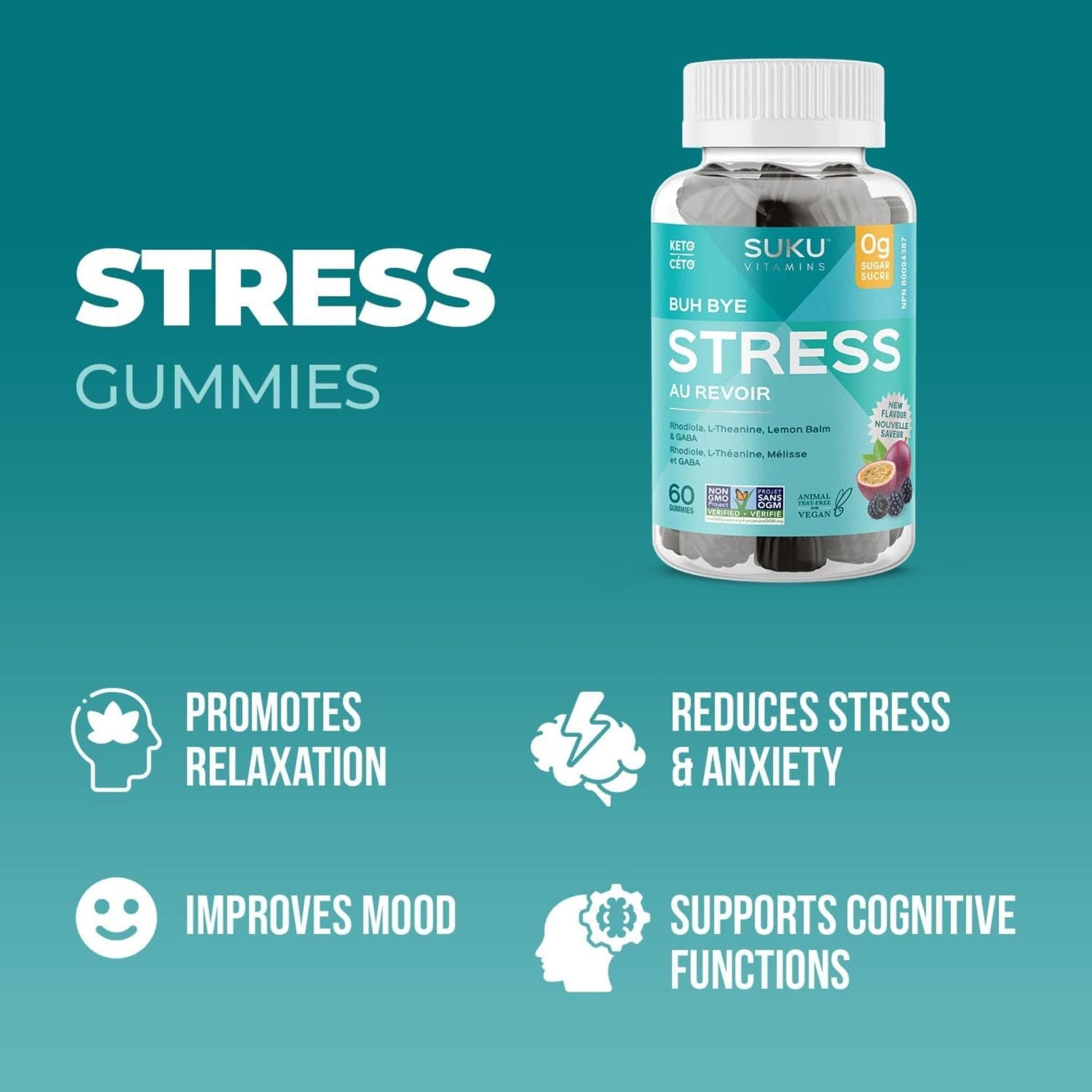 Passion Fruit and Blackberry Flavour, 60 Gummies | Suku Vitamins Buh Bye Stress Gummies (GABA, Rhodiola, L-Theanine & Lemon Balm)