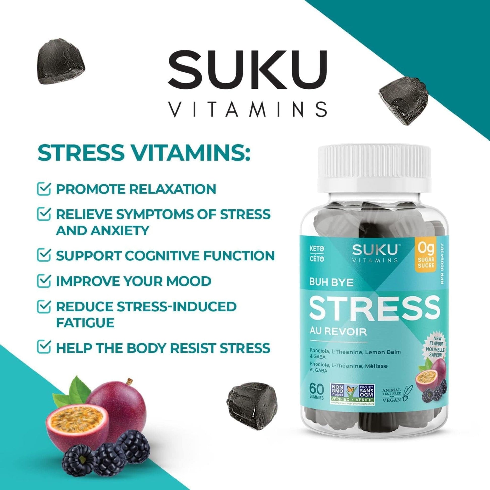 Passion Fruit and Blackberry Flavour, 60 Gummies | Suku Vitamins Buh Bye Stress Gummies (GABA, Rhodiola, L-Theanine & Lemon Balm)