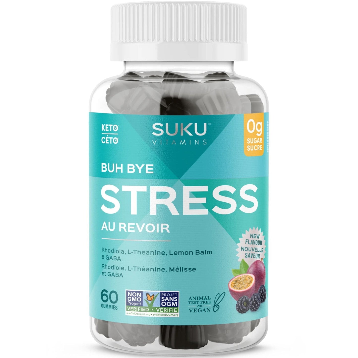 Passion Fruit and Blackberry Flavour, 60 Gummies | Suku Vitamins Buh Bye Stress Gummies (GABA, Rhodiola, L-Theanine & Lemon Balm)