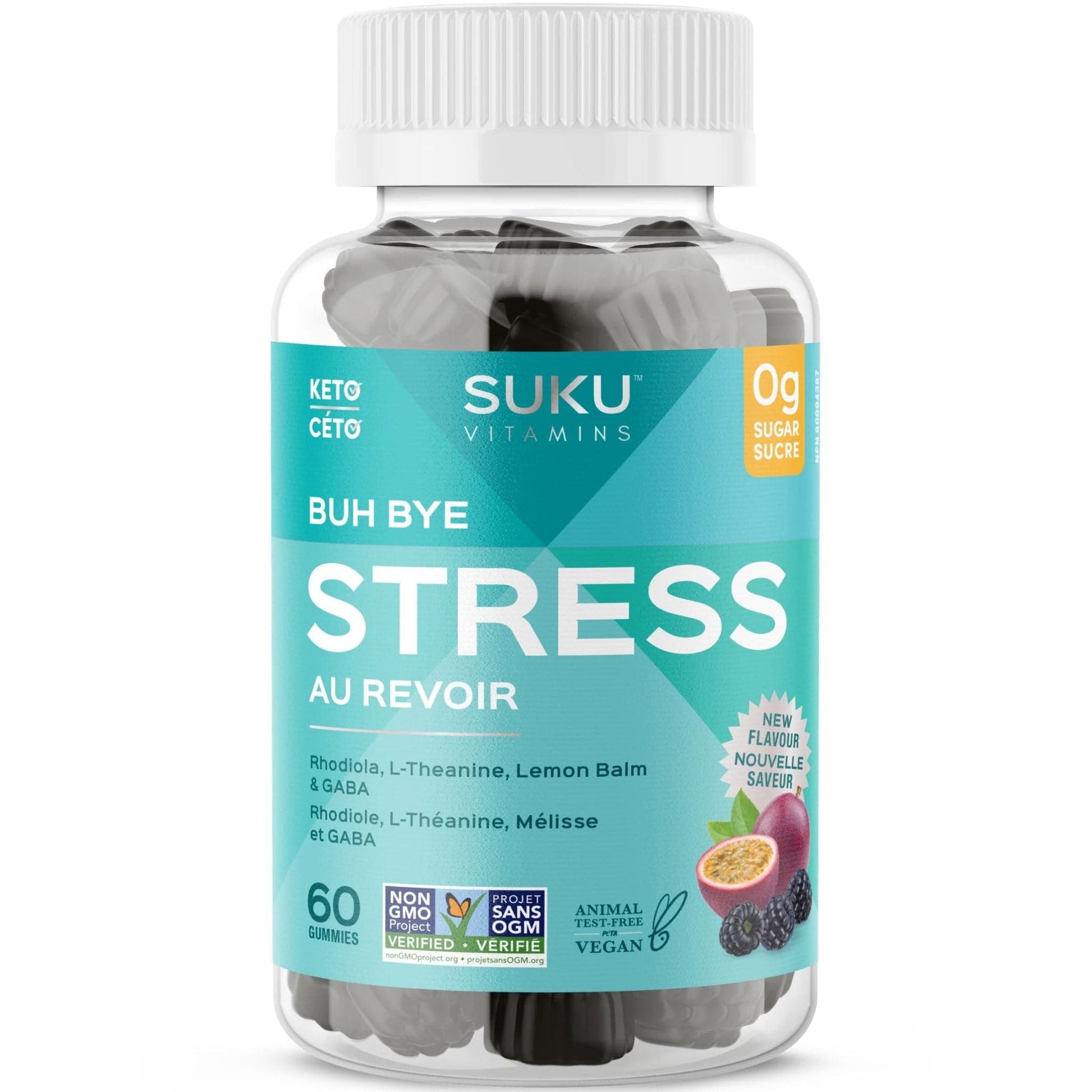 Passion Fruit and Blackberry Flavour, 60 Gummies | Suku Vitamins Buh Bye Stress Gummies (GABA, Rhodiola, L-Theanine & Lemon Balm)