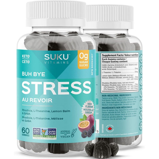 Passion Fruit and Blackberry Flavour, 60 Gummies | Suku Vitamins Buh Bye Stress Gummies (GABA, Rhodiola, L-Theanine & Lemon Balm)