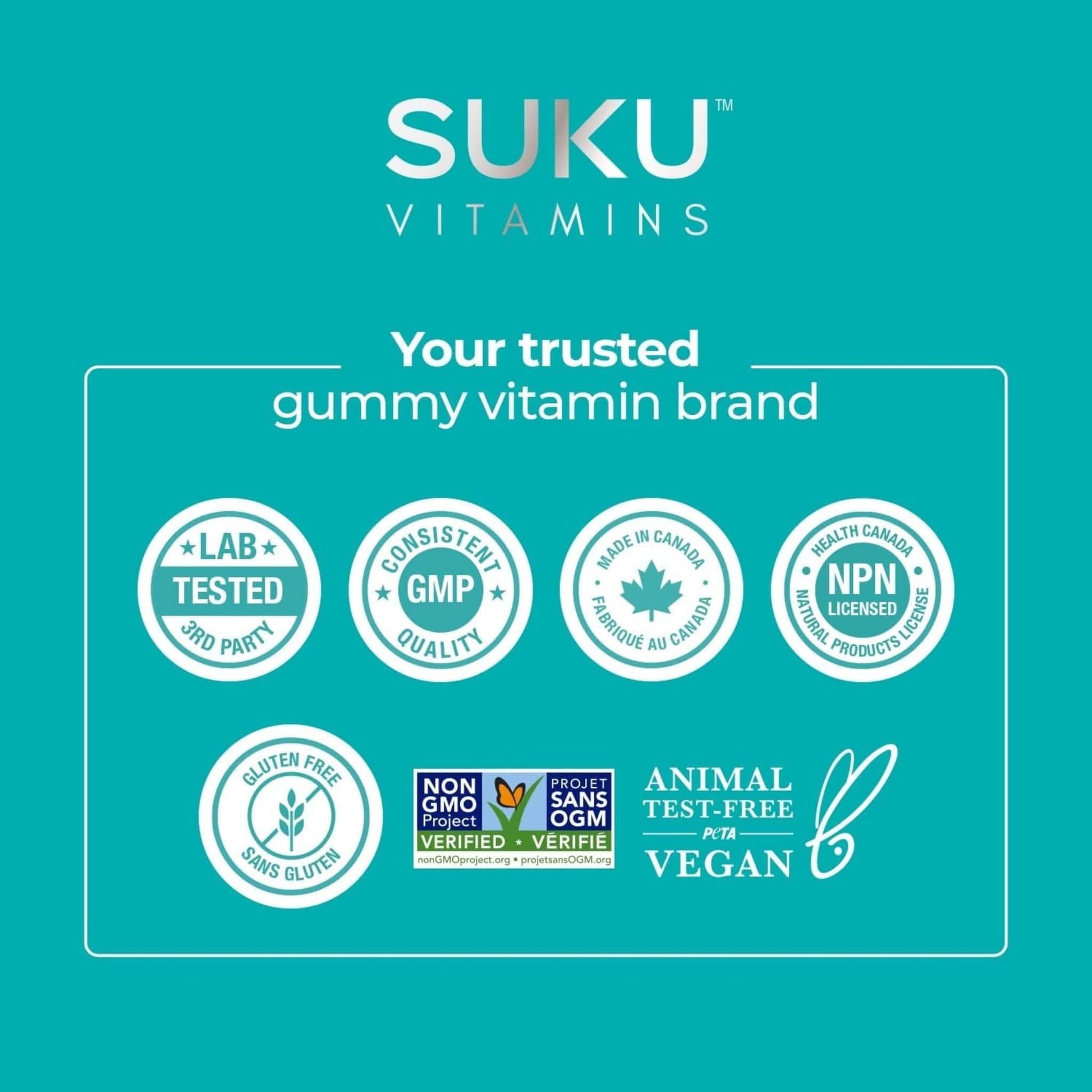 Passion Fruit and Blackberry Flavour, 60 Gummies | Suku Vitamins Buh Bye Stress Gummies (GABA, Rhodiola, L-Theanine & Lemon Balm)